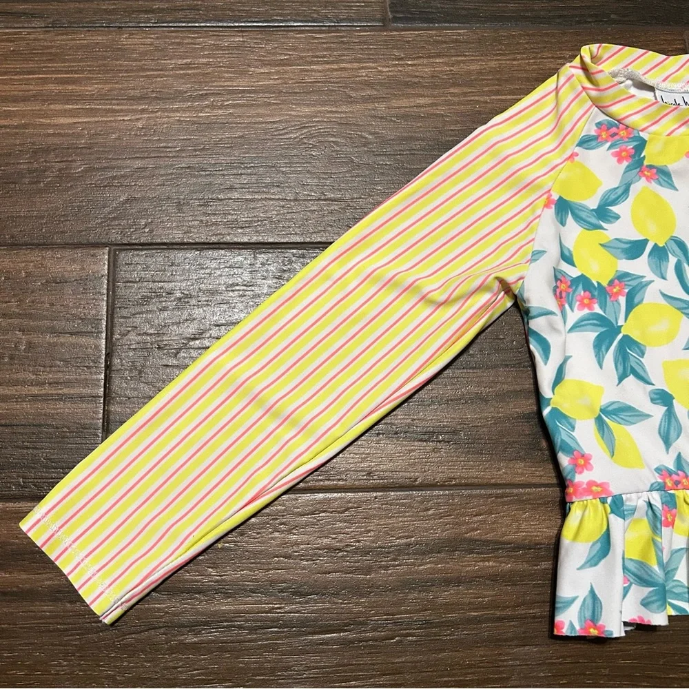 Nicole Miller Girls Swim Rash Guard 6 Lemons Pink Stripes Floral‎ Top Only